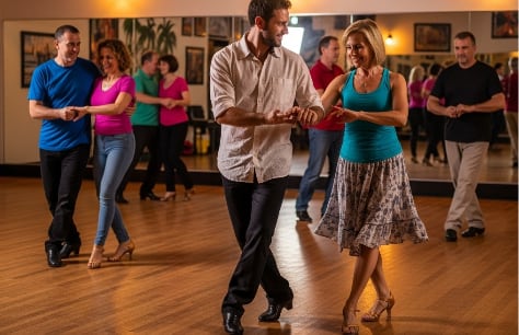 a group of people learning to dance salsa